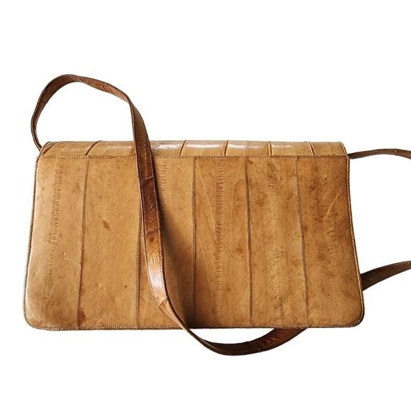 Vintage tan Eel skin leather purse handbag with long removable shoulder strap - Picture 3 of 14